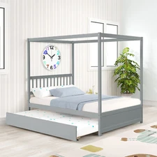 Full Size Canopy Bed Frame with Twin Trundle, Kids Wood Bed Frame w/ Headboard