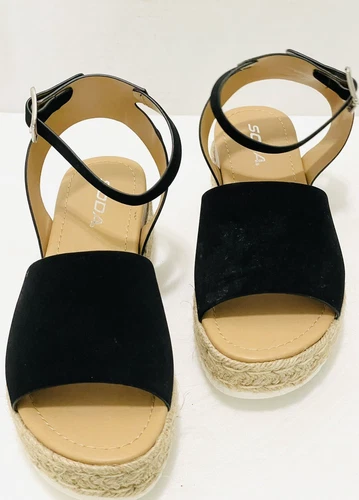 Woman’s Size 8M Soda Topic Open Toe Ankle Strap Platform Black Espadrille Sandal