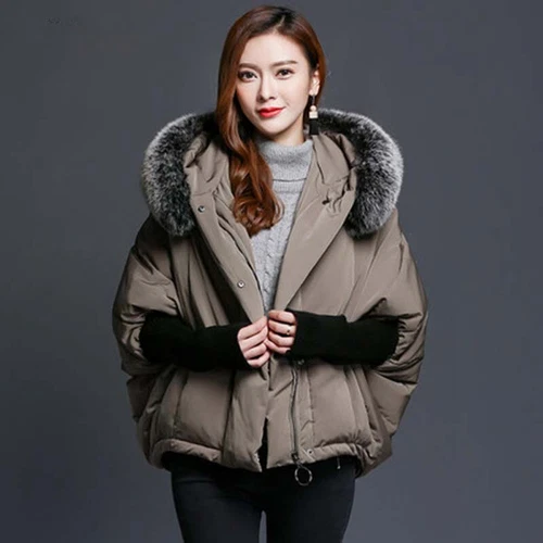 Damen Echt Fuchspelz Kragen Umhang Cape Daunen Kapuze Jacke Fledermausärmel M-6XL - Bild 9 von 9