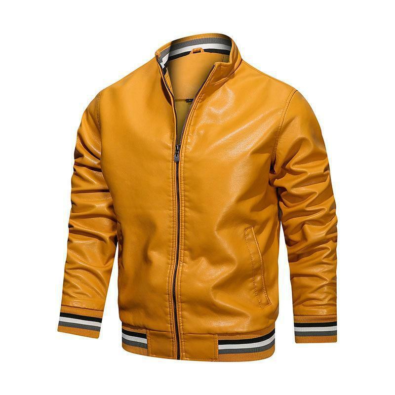 Mens Pu Leather Stand Jacket Zip Up Slim Jacket Biker Motorcycle