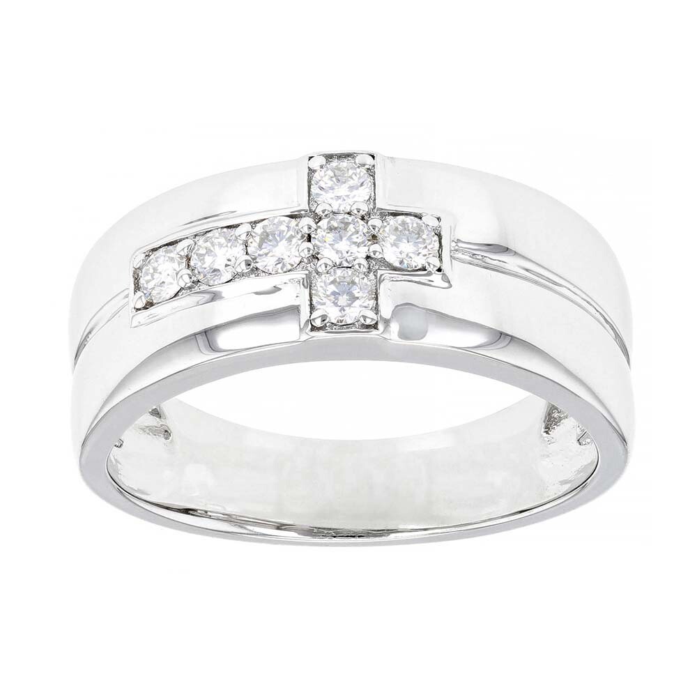 0.84 Ctw D/FL Brilliant Moissanite 14K White Gold Plated Mens Wedding Band Ring