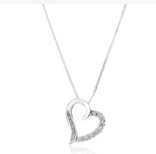 10k White Gold Round and Diamond Heart Pendant Necklace 1/10 cttw , 18".  L19