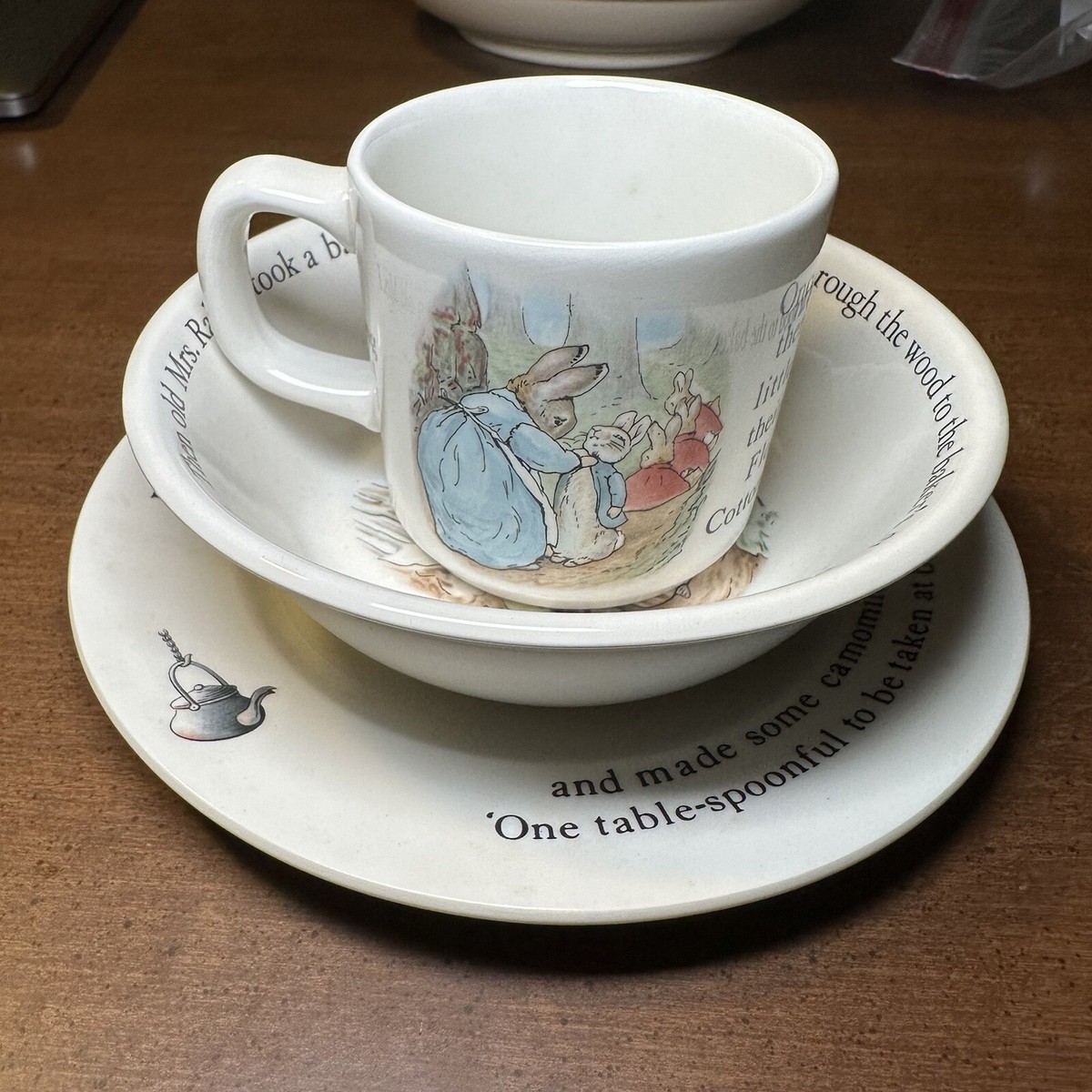 Vintage Peter Rabbit Wedgwood Miniature Tea Cup, Saucer & Plate 