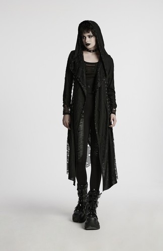 Punk Rave Women Black Gothic Decadent Asymmetric Knitted Hooded Trench Coat - Picture 9 of 19