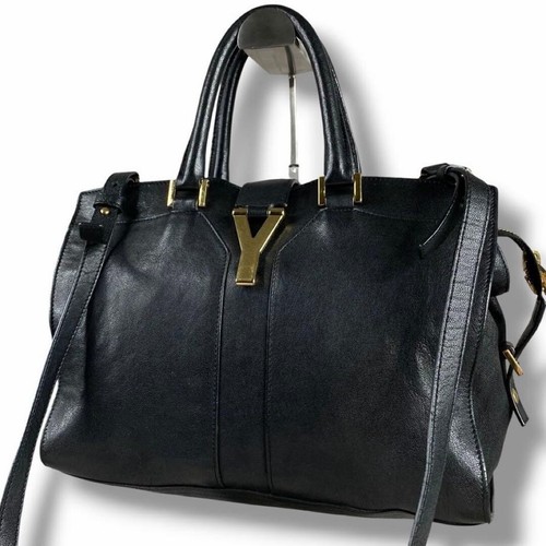 Yves Saint Laurent YSL Cabas 2Way Leather Shoulder Tote Bag Black Gold Authentic
