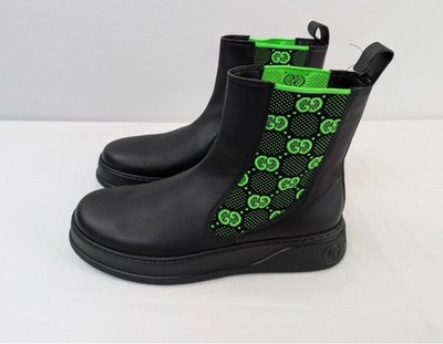 New Auth Gucci GG Print Panel Neon Green Dali Black Boots Mid Calf G 11.5 US 12