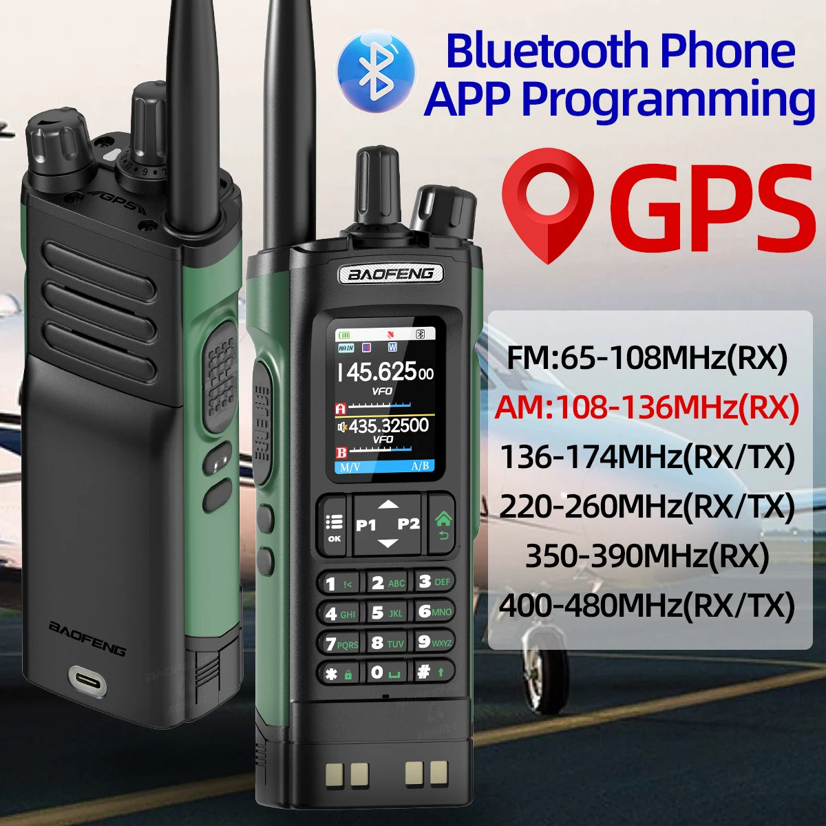 Talkie-Walkie GPS 10W TW-800 Multi-Bande Noir avec Bluetooth et Radio FM NOAA