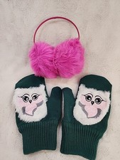 Kids Ear Cuffs Hot Pink and Green Owl Gloves Set One Size