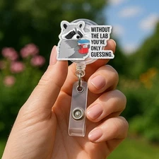 Funny Lab Badge Reel, Raccoon Specimen Cup Clip, Science Tech Nurse Gift