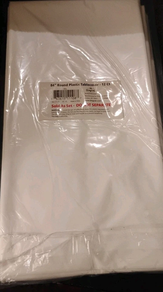 Manteles KingZak 84" redondos de plástico blanco 12 por bolsa fiesta navideña Foto 2 de 2