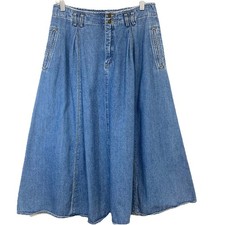 LizWear Vintage Midi Denim Skirt Front Pleats Pockets 100 Cotton Full Sz 12P