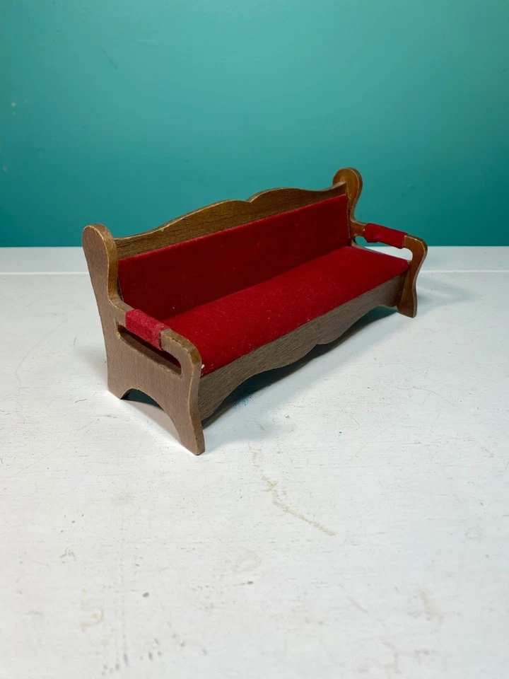 Vintage Dollhouse Wooden Sofa with Red Velvet Fabric Cushions - Image 4 of 4