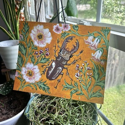 8x10 Original Beetle And Flowers Nature Acrylic Painting Big Art PRINT