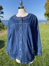 Quacker Factory Denim Jean Jacket Studded Neck Cuffs Rhinestone Buttons Woman 2X