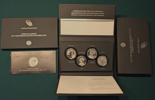 2017 AMERICAN LIBERTY 225TH ANNIVERSARY 999 FINE SILVER FOUR MEDAL SET BOX & COA