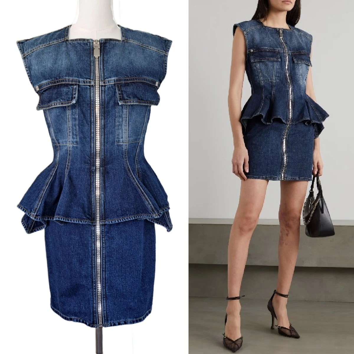 Givenchy — GIVENCHY Denim Peplum Mini Dress Size 36 |  Sleeveless Zip Front