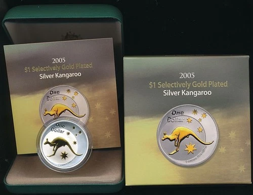 Australia: 2005 1oz .999 Silver $1 Kangaroo Coin UNC, Selectively Gold Plated 