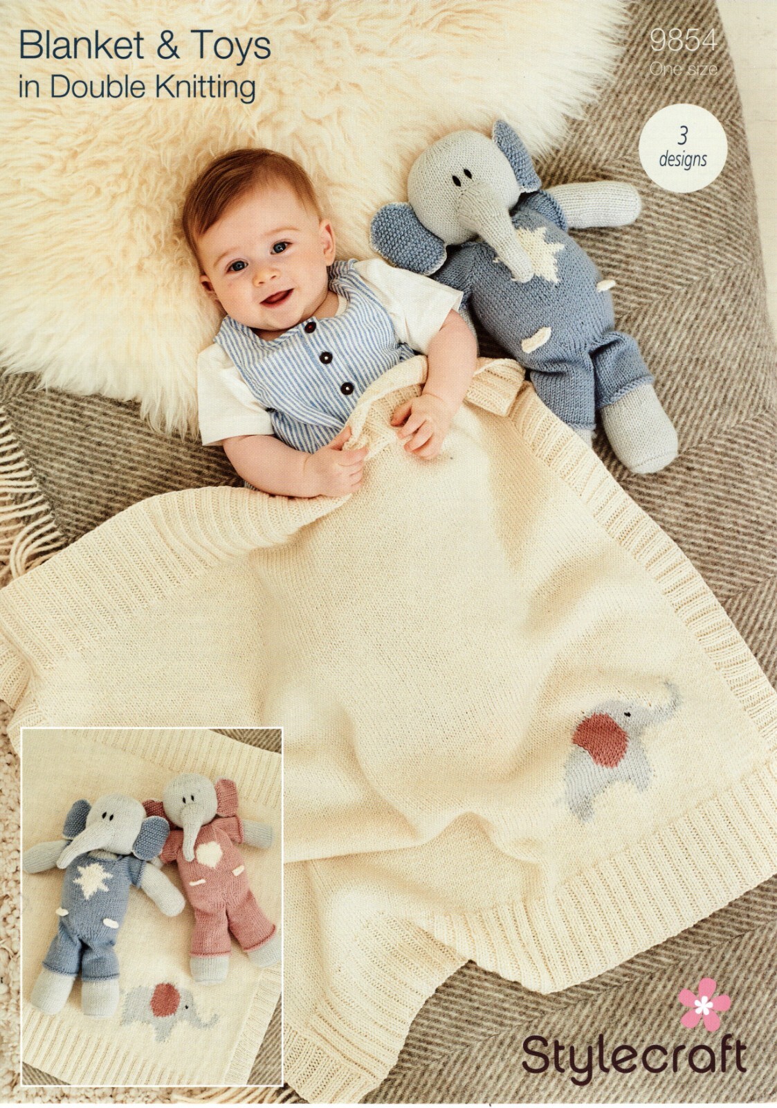 Stylecraft DK Knitting Pattern - 9854 Elephant Toys & Blanket