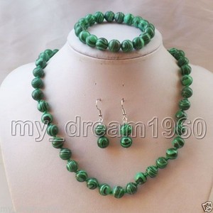 Genuine-10mm-Green-Malachite-Gemstone-Round-Beads-Necklace-Bracelet-Earrings-Set