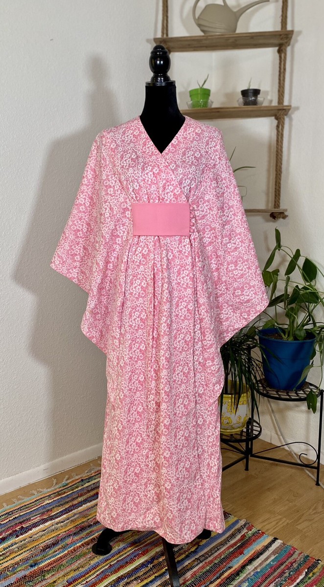 Vintage House Dress Muumuu Kimono Style Handmade Maxi Pink Floral Caftan Cottage View 2