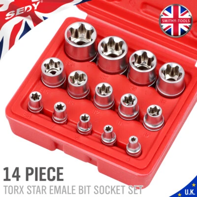 SEDY 14pcs Female E Torx Star Bit Socket Set External Hex Torque E4-E24 With Case UK