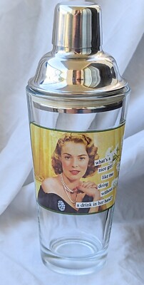 GLASS COCKTAIL SHAKER 16 OZ STAINLESS STEEL STRAINER ANNE TAINTOR 