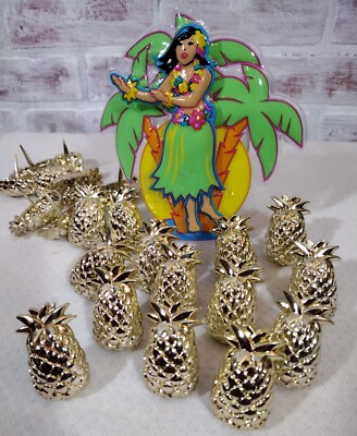 24 Gold Pineapples & 1 Hawaiian Hula Girl 2D Wobble Cake Topper Luau Party