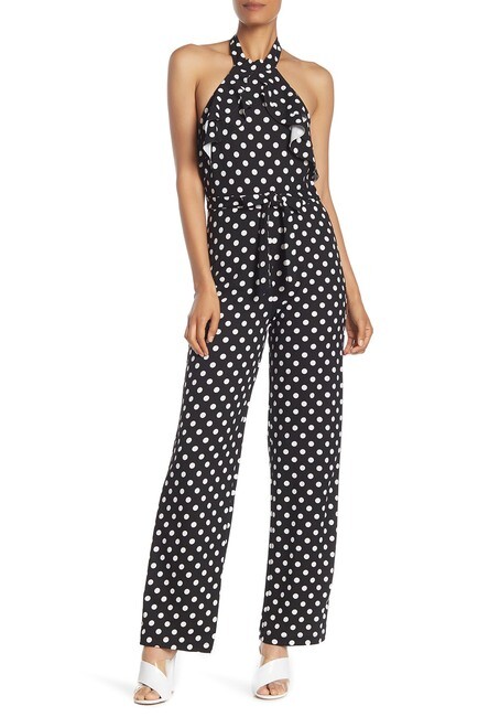 NWT sz 4 Sexy BEBE Polka Dot Jumpsuit Halter neck Front Ruffle belted Outfit