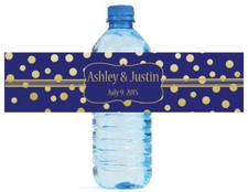 Gold Confetti On Navy Blue Wedding Anniversary Engagement Water Bottle labels