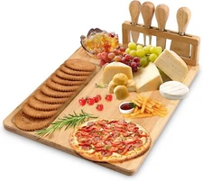 Bamboo Cheese Board Set Including 4 Stainless Cutlery Set, Charcuterie Board