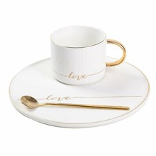 TJ Gobal Tazza da Caffè in Porcellana, Tazza da Tè con Piattino e Cucchiaio Dorato con Oro...
