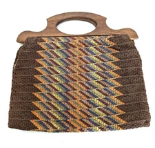 Vintage Hand Made Knitting Sewing Bag Wooden Handle Bag Geometric Earthtones