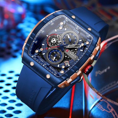 Reloj de pulsera cuadrado de lujo con banda de goma resistente al agua acero inoxidable con fecha para hombre - Imagen 15 de 25