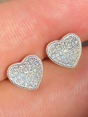 Real 925 Silver Heart Shaped Earrings CZ Studs Iced Hip Hop Screw Backs