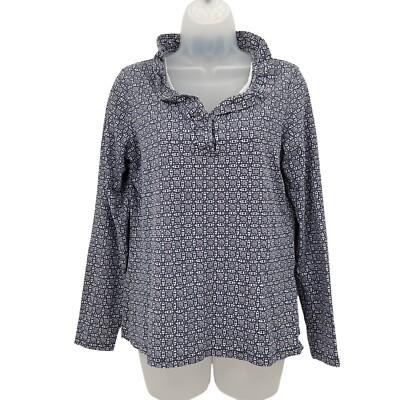 Coolibar Top Womens Small Blue White Geometric V-Neck Ruffle UPF 50 Sun Protect