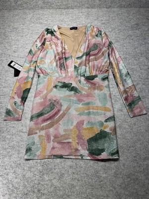 Bebe Dress Womens Medium Multicolor Printed Blouson Lurex Mini Watercolor Brush