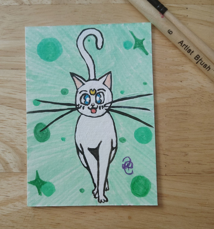 ACEO, Original Sailor Moon Artemis Cat Drawing Acrylic Paint Marker Signed 2026