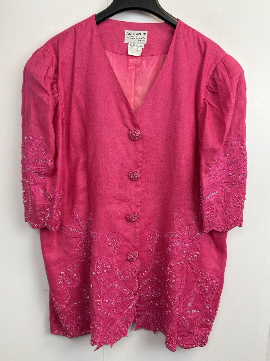 Vintage Action I  Jay Daniels Skirt Set Sz  18 Pink Beaded Lined Short Sleeve View 2