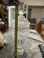 Rae Dunn Clear Glass Apothecary Jar with The Word TREAT In Black Lettering. NWT