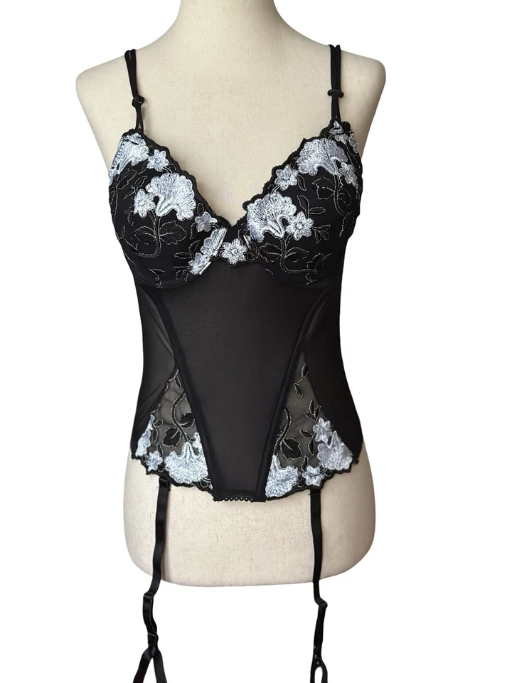 Delicados corsé de malla transparente deshuesado y liga talla M negro blanco bordado flores Foto 3 de 4