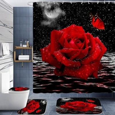  4 PCS Red Rose Shower Curtain Sets,Sky Bathroom Set with Shower Curtain Black