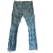BLEECKER & MERCER stacked flare distressed jeans rare light blue 36x36 men’s y2k