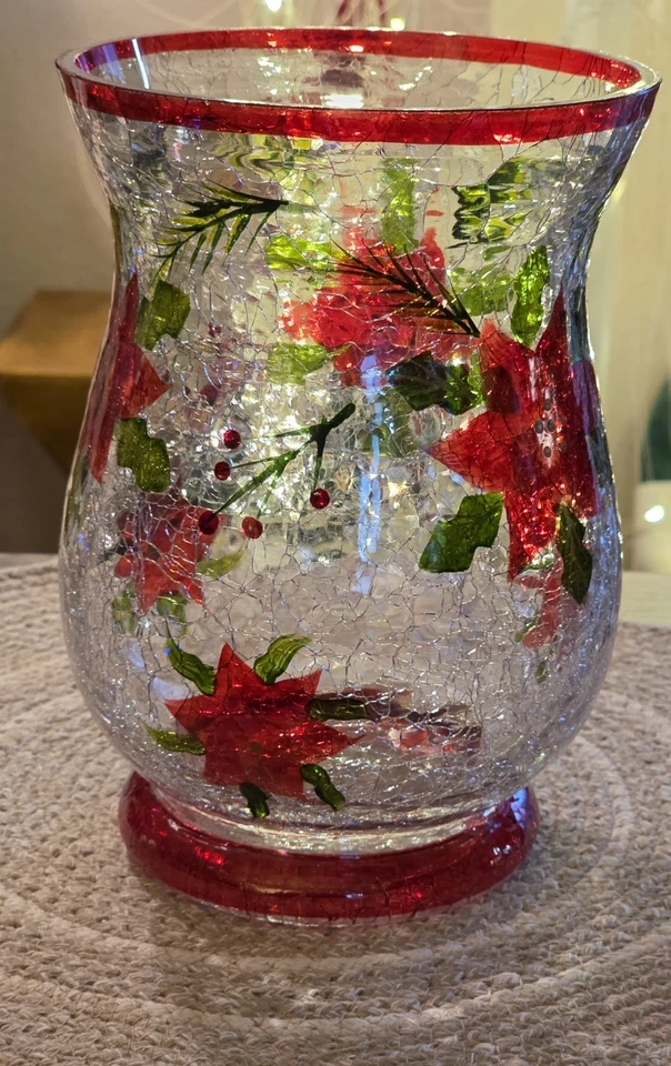 Candelabro grande Poinsettia Crackle Glass Hurricane 8" de alto 6" de ancho Foto 2 de 4