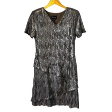 Connected Apparel Metallic Tiered Ruffle V Neck Short Sleeve Dress Size 6 Gatsby