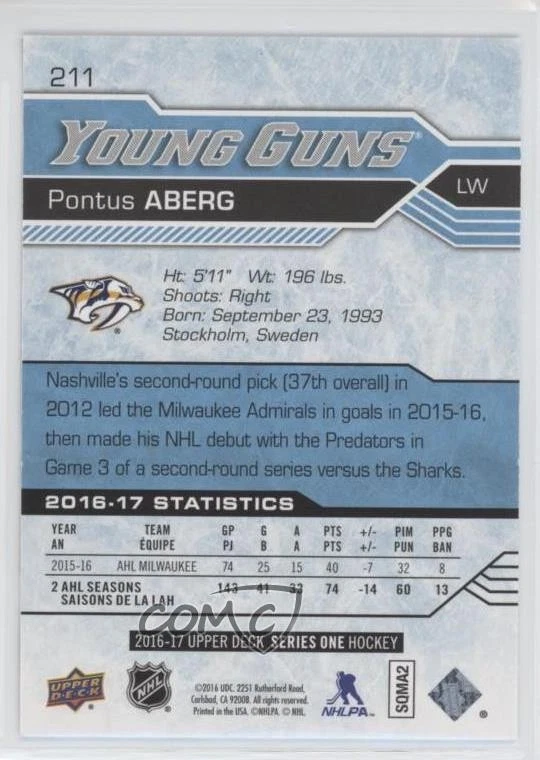 2016-17 Upper Deck Young Guns Exclusives /100 Pontus Aberg #211 Rookie RC - Image 2 of 2