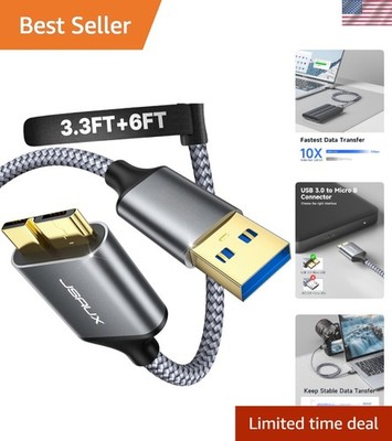 Micro USB 3.0 Cable (2 Pack, 3.3ft+6.6ft), Grey, Braided, Reversible, Tangle-...