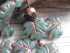 10 - 13x11mm CZECH MAPLE LEAF TURQUOISE BLUE OPALINE COPPER WASH GLASS BEADS