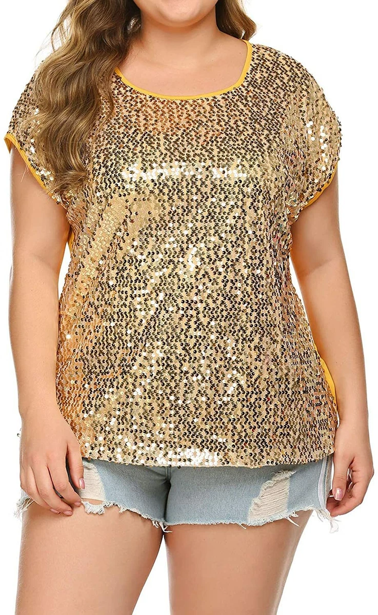 IN'VOLAND Women's Sequin Tops Plus Size Round Neck Sparkle Top Shimmer  Glitter S