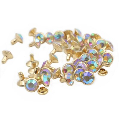 100x 8mm AB Crystal Rhinestone Rivets Golden Base Studs Leathercraft Rivet