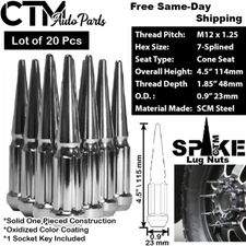 20Pc 4.5" TALL CHROME M12x1.25 SPLINE SPIKE LUG NUT+KEY FIT NISSAN INFINITI